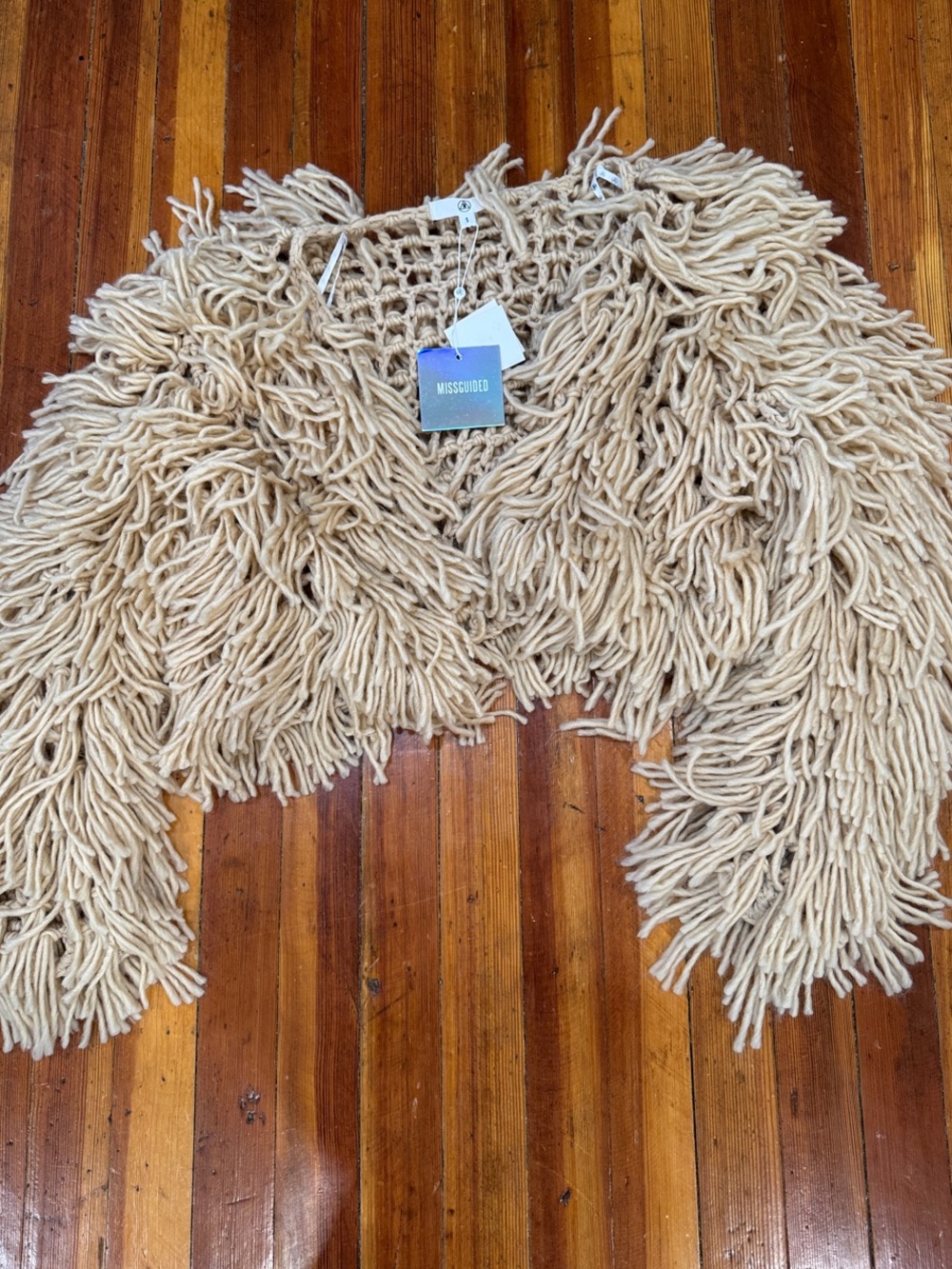 Missguided + Chunky Fringe Crochet Jacket in Beige